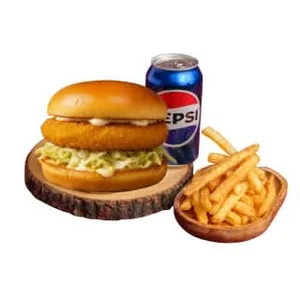 Chicken burger combo with fries and a Pepsi soft drink